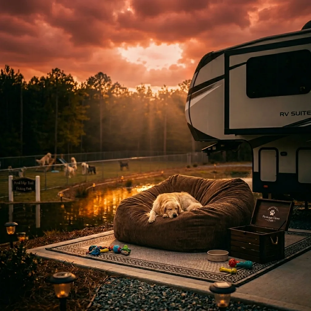 A relaxed dog lying on an outdoor couch near a serene pond at Dee’s Sankofa RV Park, representing a peaceful and pet-friendly community.
