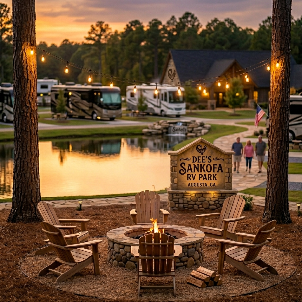 recreation area of a premium rustic Georgia RV park, featuring a calm fishing pond and clean gravel walking track surrounded by pine trees at sunset.