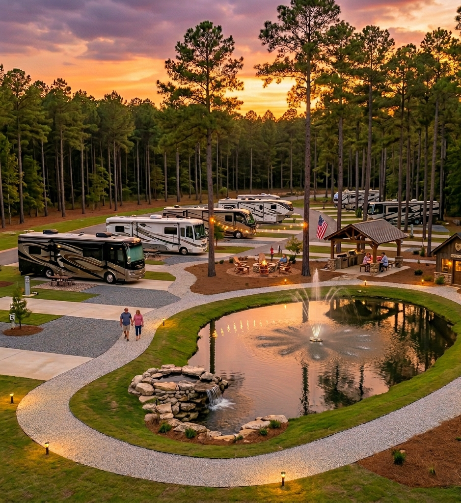 Warm community atmosphere at a premium rustic Georgia RV park, showing a fire pit area, pine trees, and proximity to fishing and walking trails at sunset.
