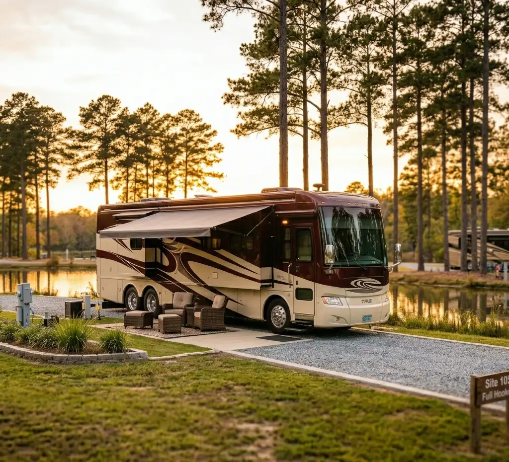 Premium settled RV site with full hookups under Georgia pine trees at sunset, showing comfortable quality living for nightly, weekly, and monthly stays.