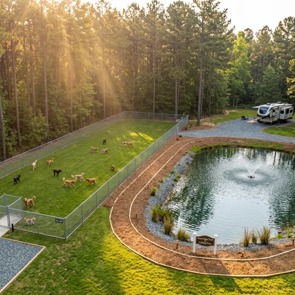 Large fenced-in dog park and scenic walking track around the pond at Dee’s Sankofa RV Park in Augusta, GA.